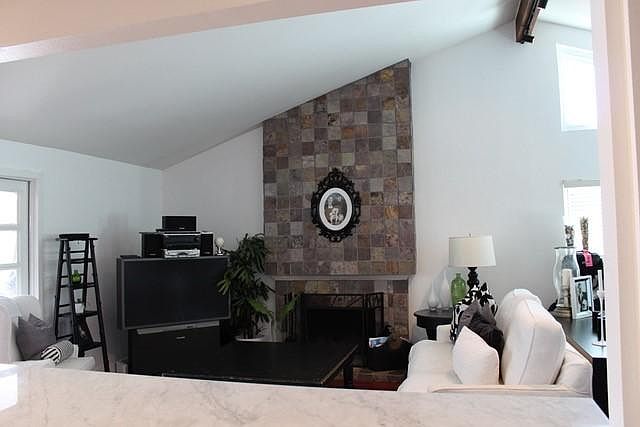 Great room with Slate Fireplace