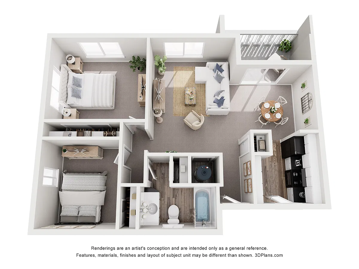 Floor plan 2 Bedroom, 1 Bath - Balcony