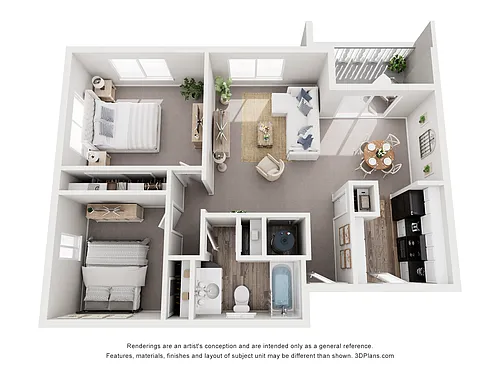 Floor plan 2 Bedroom, 1 Bath - Balcony