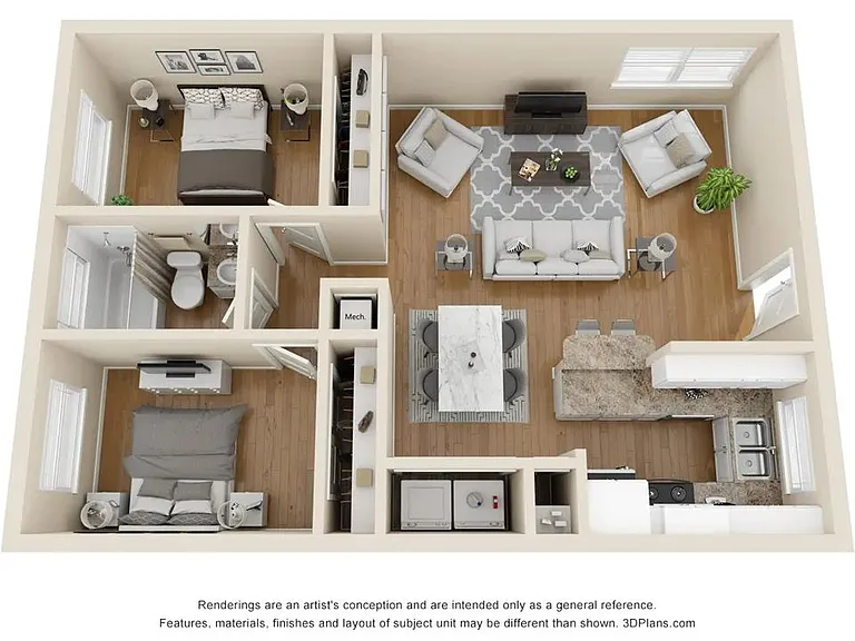A 3D floor plan rendering of The King Palm.