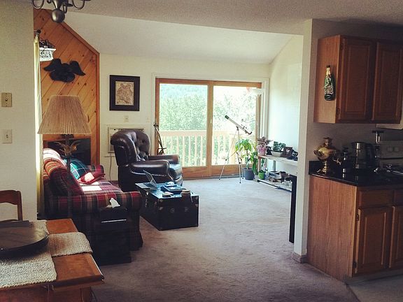 Cozy living room with fireplace, big windows, beautiful deck