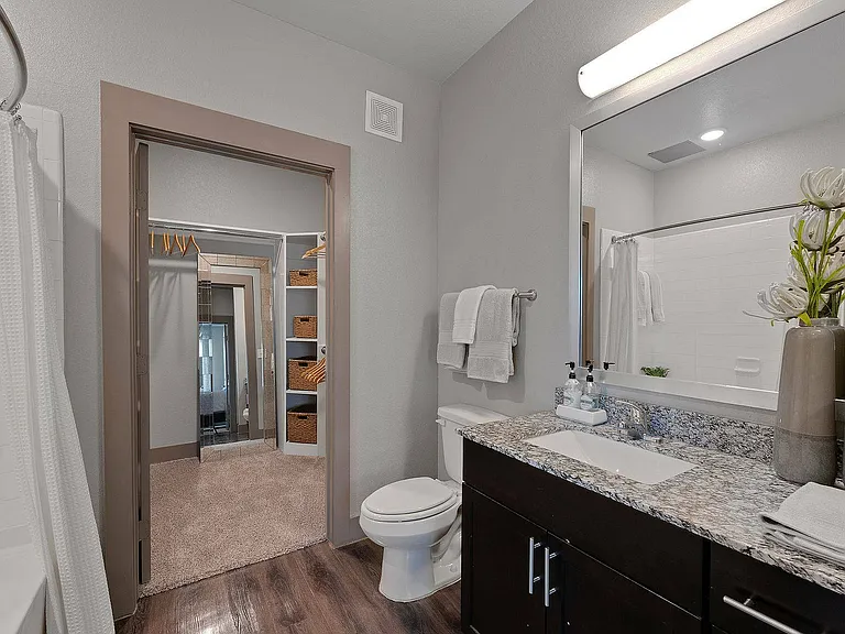 Contemporary bathroom with connected walk-in closet