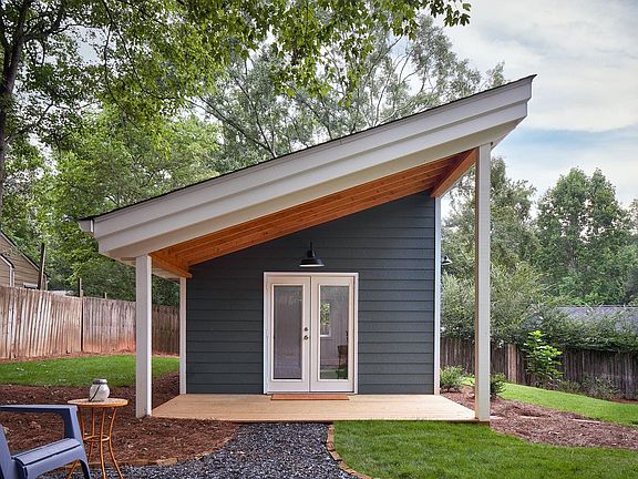 Studio shed entrance view from fire pit