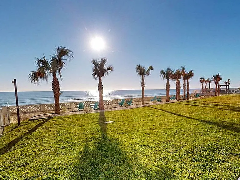 Unwind in a lush oceanfront courtyard with palm trees, open green space, and direct beach access.