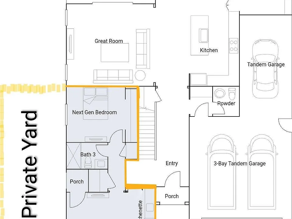 Thoughtfully designed layout: Experience true independence with your own private yard, living area, kitchenette, and high-end bathroom. This floor plan is optimized for comfort and efficiency.