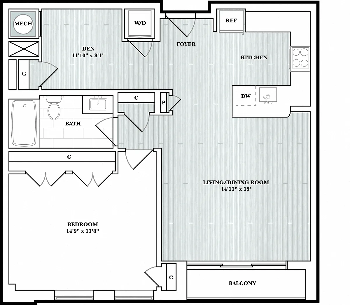 Floor plan 1 Bed/1 Bath Den
