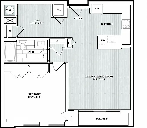 Floor plan 1 Bed/1 Bath Den
