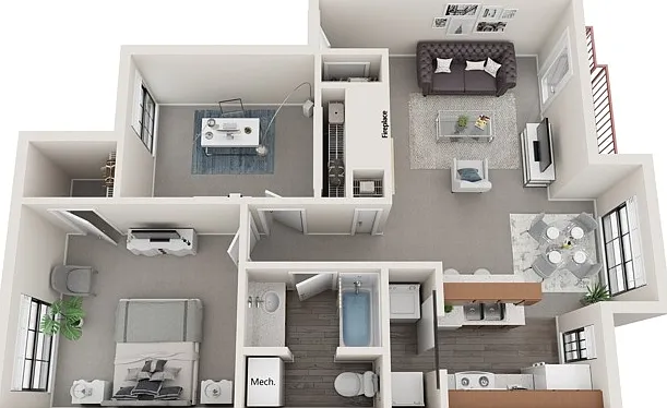 Two Bedrooms, One Bathroom, 860 sqft, Full-Sized Washer/Dryer Connections, Patio/Balcony, Fireplace, Vaulted Ceilings in Selected Units Two Bedrooms, One Bathroom, 860 sqft, Full-Sized Washer/Dryer Connections, Patio/Balcony, Fireplace, Vaulted Ceilings i