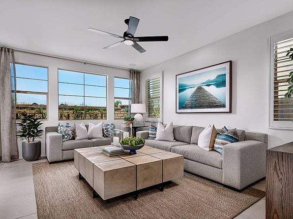 A photo inside the great room of the Plan 1 model home at Dwell.