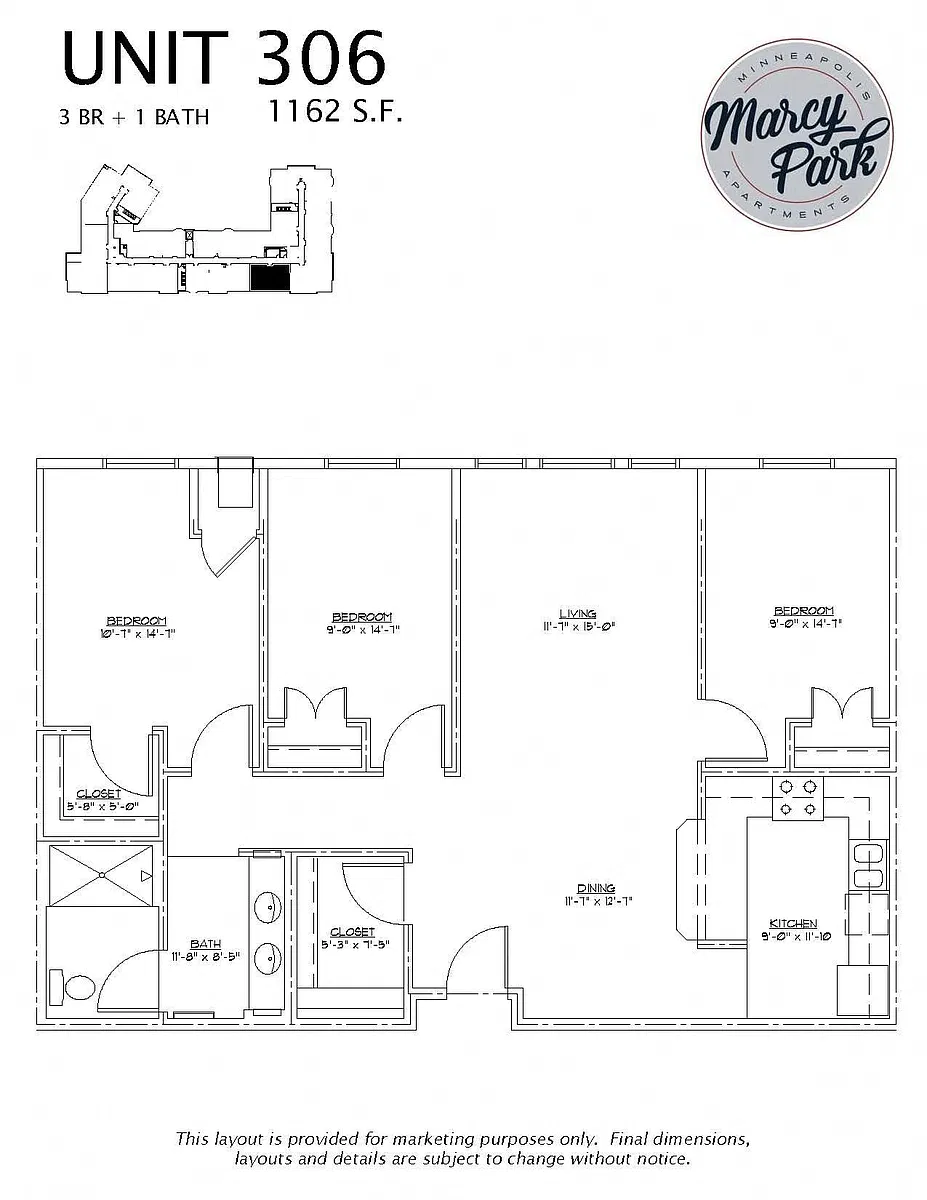 Floor plan 3 Bedroom 1 Bath (306)