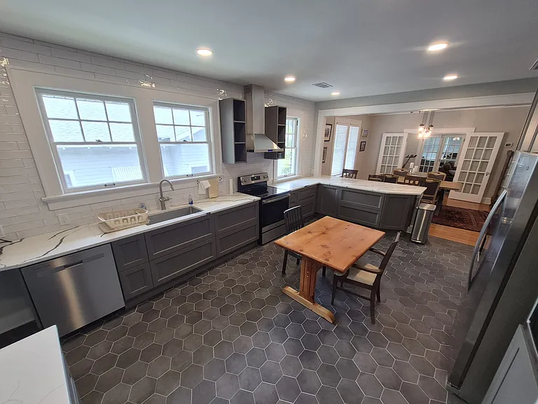 Newly renovated kitchen, shared space.