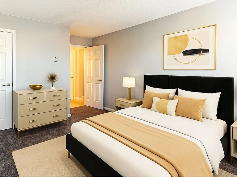 Welcome to Hamilton Estates Apartments, where modern elegance meets comfort. This beautifully styled bedroom features chic decor and ample natural light, creating a serene retreat. Find your ideal living space todayschedule a tour now!