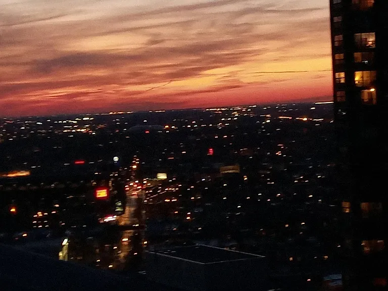 Sunset over Wrigley Field viewed from the rooftop