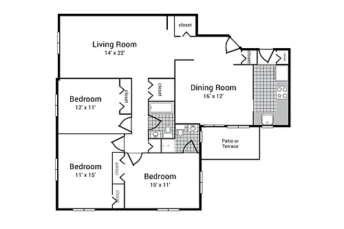 Floor plan 3 Bedroom 2 Bath