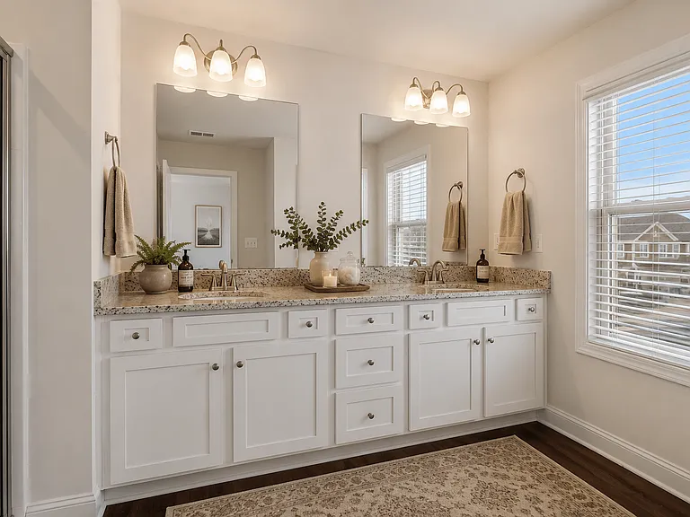 Elegant en suite with a double vanity off the primary bedroom.