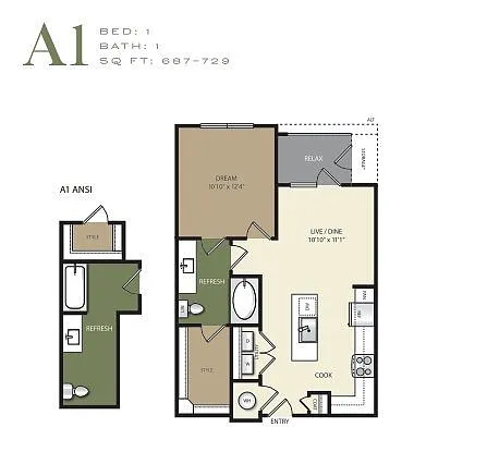 Floor plan One Bed One Bath A3.1