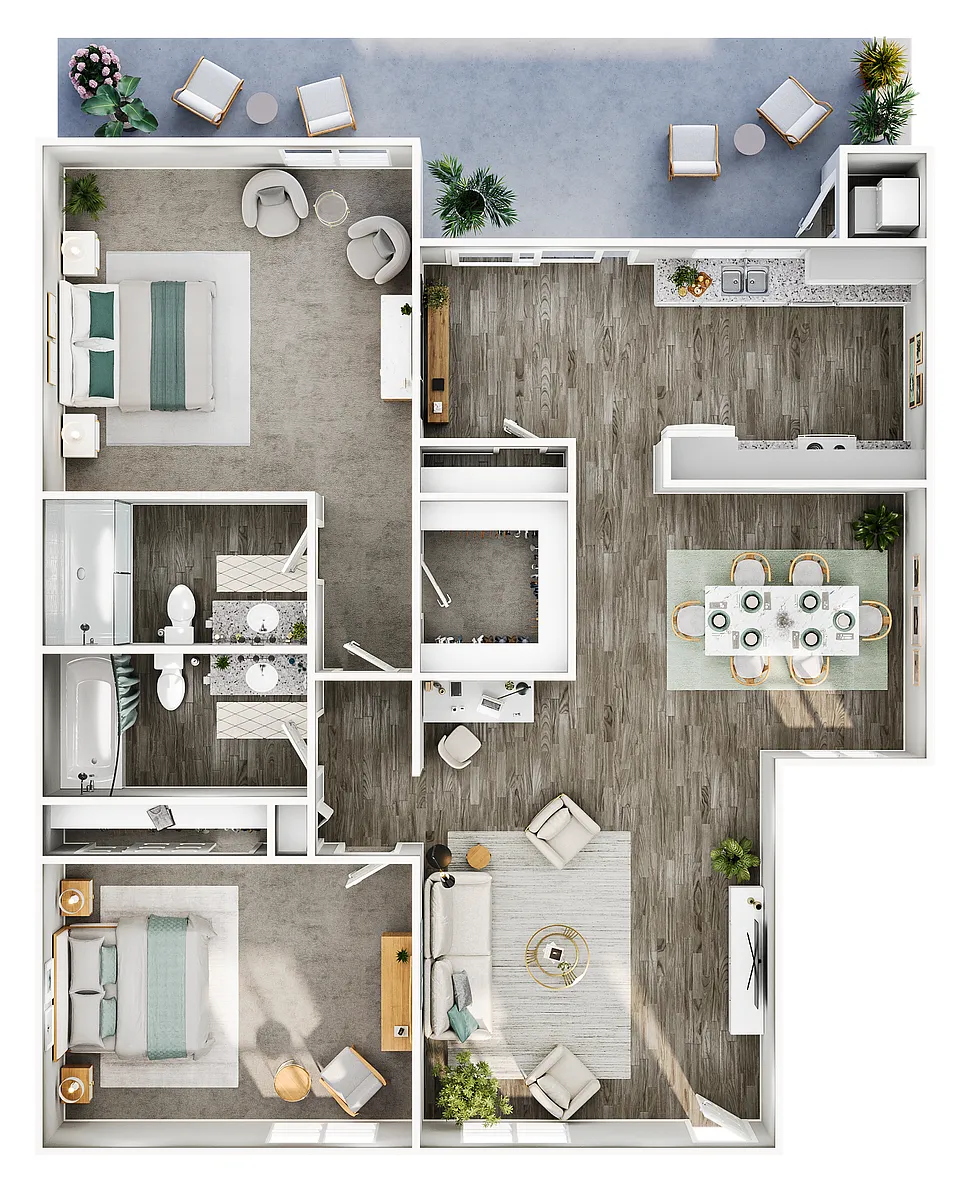 Floor plan 2 Bed, 2 Bath (1020 Sq. Ft.)