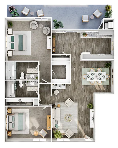 Floor plan 2 Bed, 2 Bath (1020 Sq. Ft.)