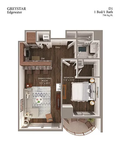 Floor plan D1 1 Bed 1 Bath