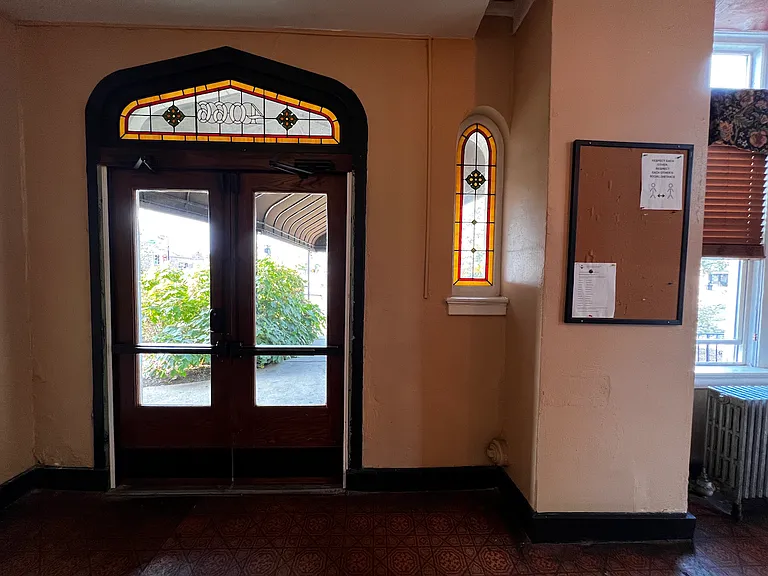 Looking out of the front doors from lobby.