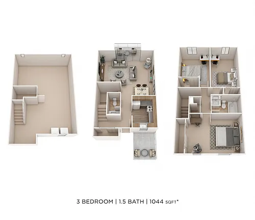 Floor plan Three Bedroom 1.5 Bath Townhome