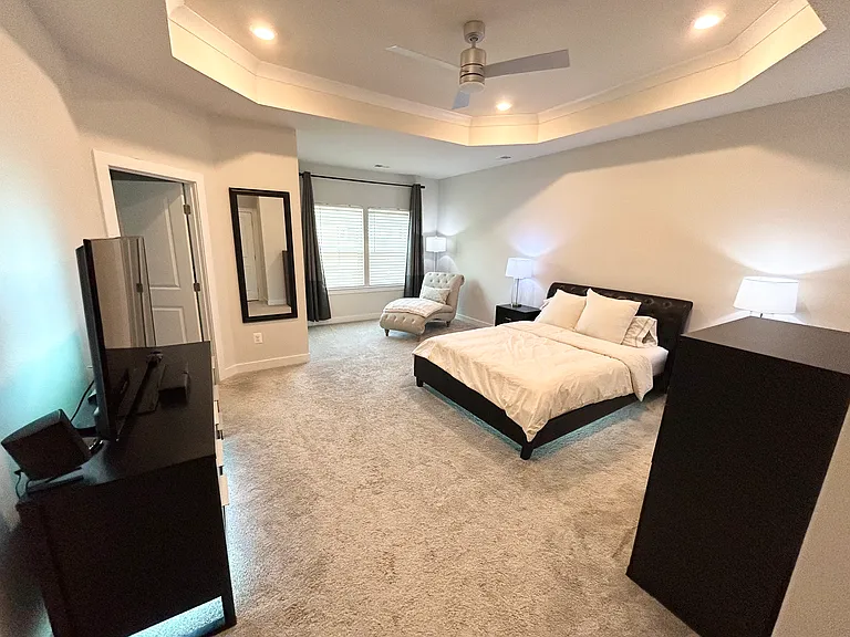 Large Owner's Bedroom features tray ceiling, TWO walk-in closets (one is a huge 12.5' x 6.5'), en suite bathroom, and smart ceiling fan