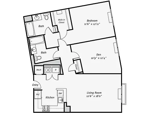 Floor plan A7 South FR 1 Bedroom|1 Bath Plus Den