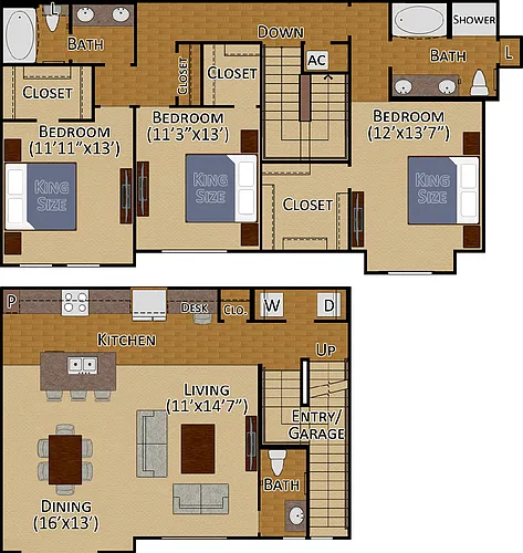 Floor plan 3x2.5 TH Floors 2 & 3 Garage