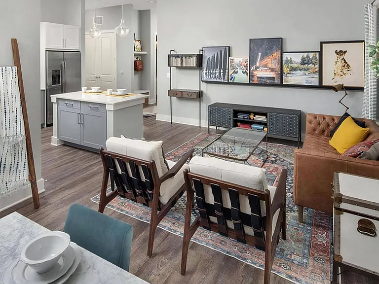 Stylish Apartment Featuring Contemporary Furnishings, Breakfast Bar, and Designer Decor