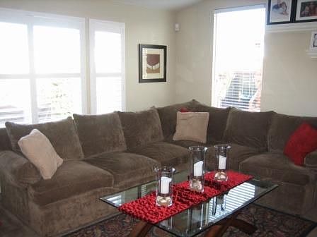 Beautiful family room with plantation shutters.