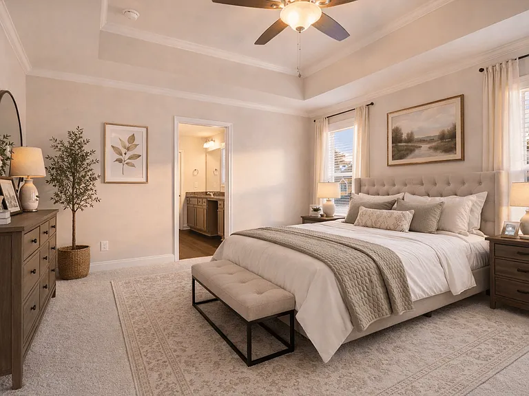Serene primary suite with a plush king bed, refined finishes, and calming greeneryyour private retreat for rest and relaxation.
