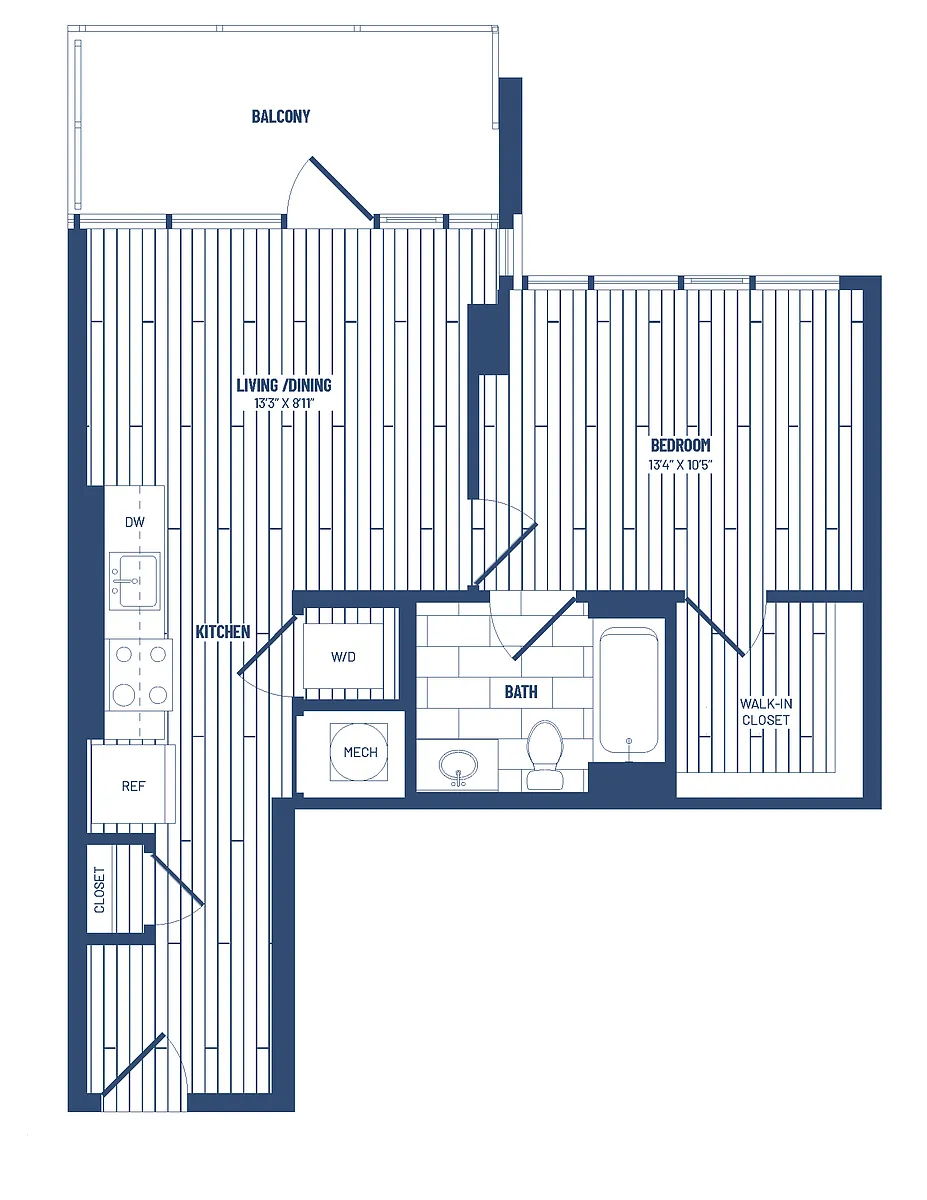 Floor plan 1 Bed/1 Bath-H1C-Balcony
