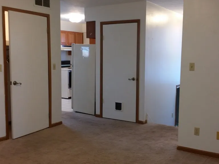 Living room. On left is a coat closet. You can see the kitchen entrance, a door to the attic, the steps down to the apartment front door.