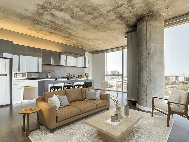 Model apartment living area and kitchen