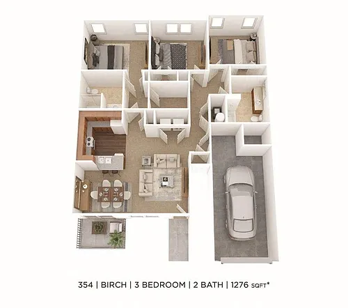 Floor plan Three Bedroom 2 Bath- 1,276 sqft