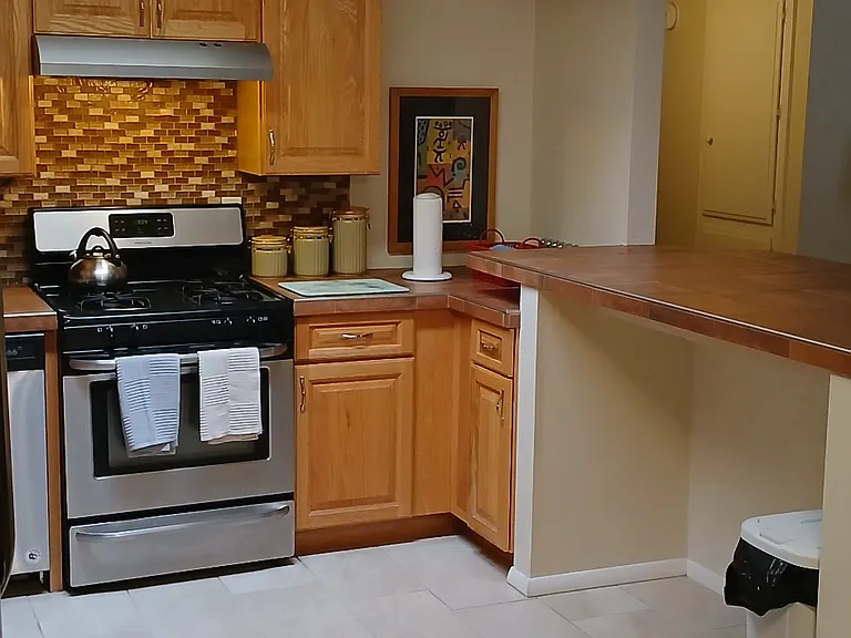 A view of the kitchen from the dining area.
