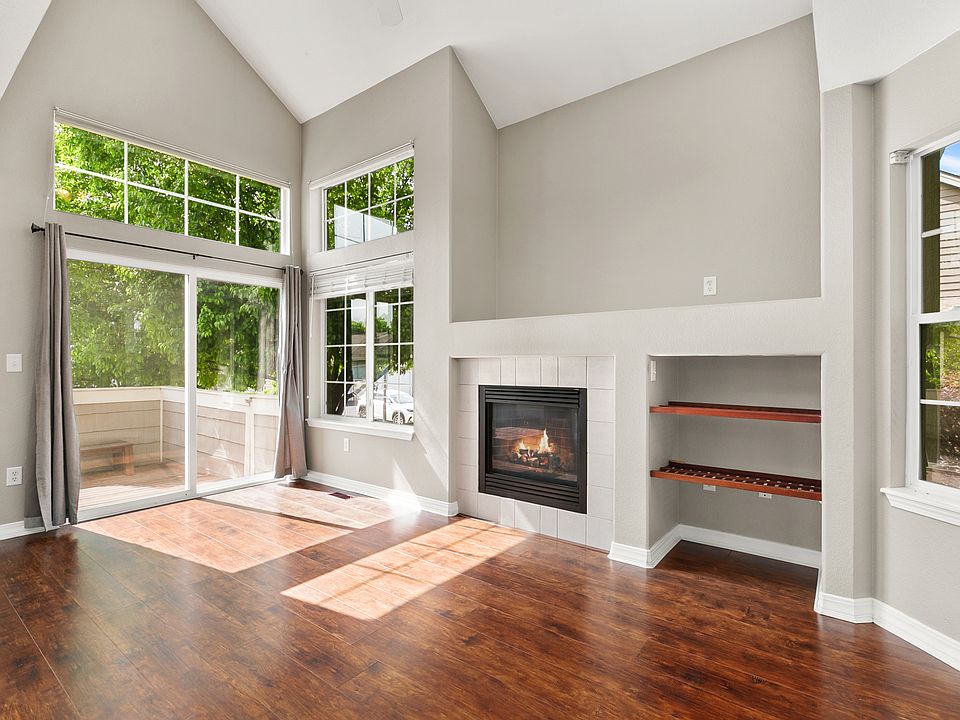 Open living room with gas fireplace