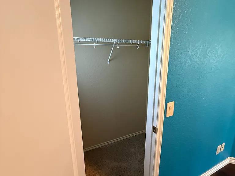 Carpeted closet of 2nd bedroom with a window to front of house and trees