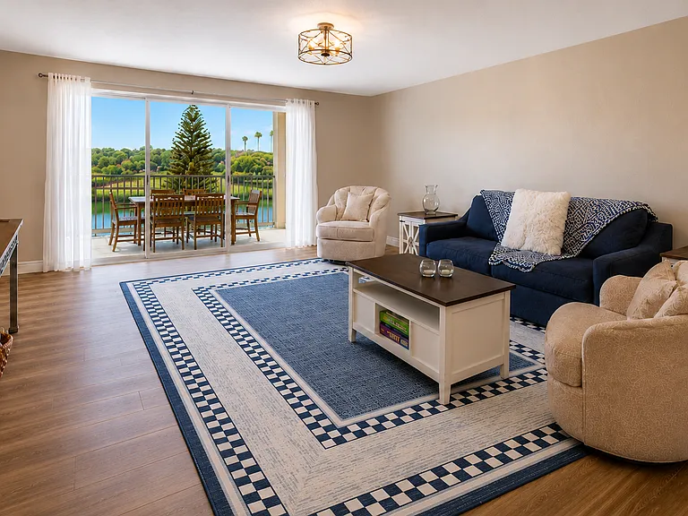 All new furniture in spacious living room with spectacular view.