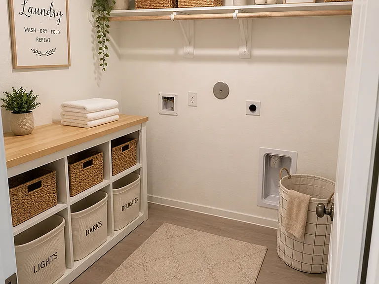 Dedicated laundry room with modern flooring and ample space for organization. Washer and Dryer will be included