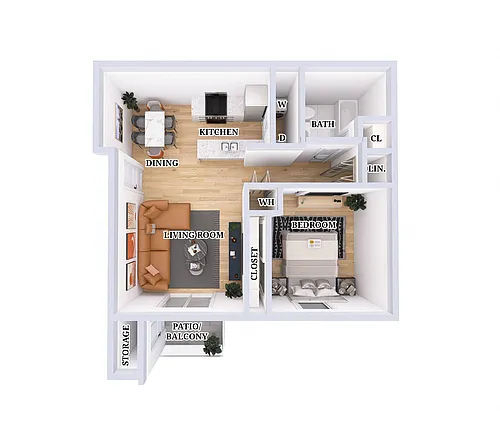 Floor plan 1 Bed, 1 Bath - 745 Sq. Ft.