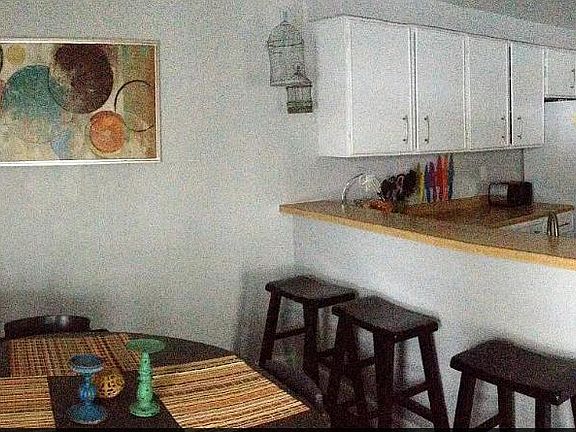 View into the kitchen from the dining room.