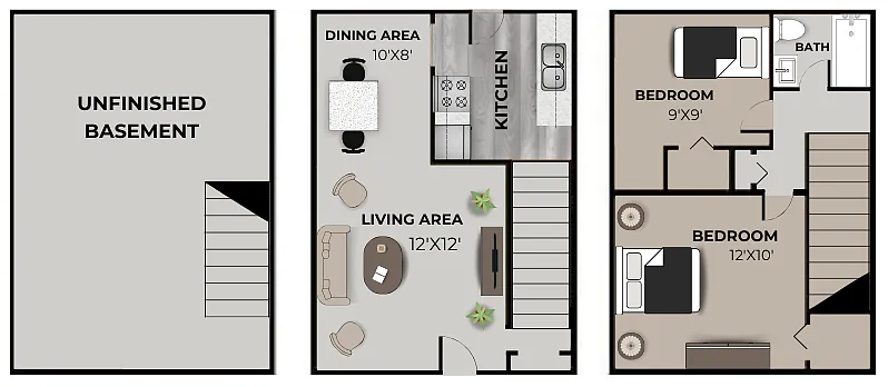 Floor plan Campus Court 2 Bedroom, 1 Bath Townhome
