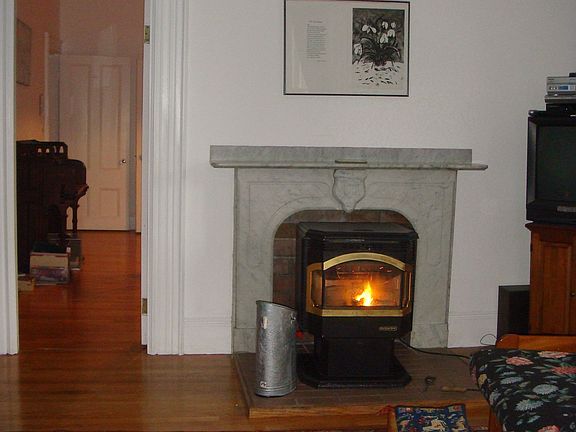 living room with wood burning pellet stove