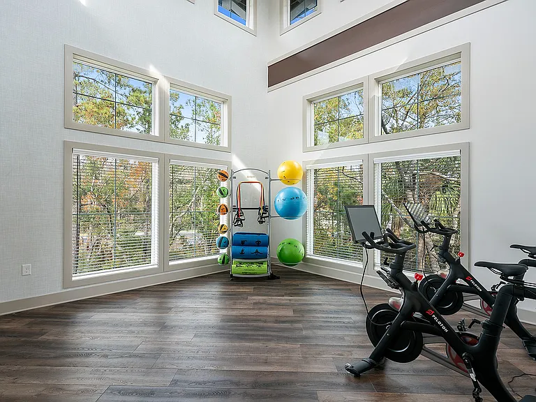 Bright and inviting home gym with large windows, featuring exercise bikes and vibrant fitness equipment for a dynamic workout experience.