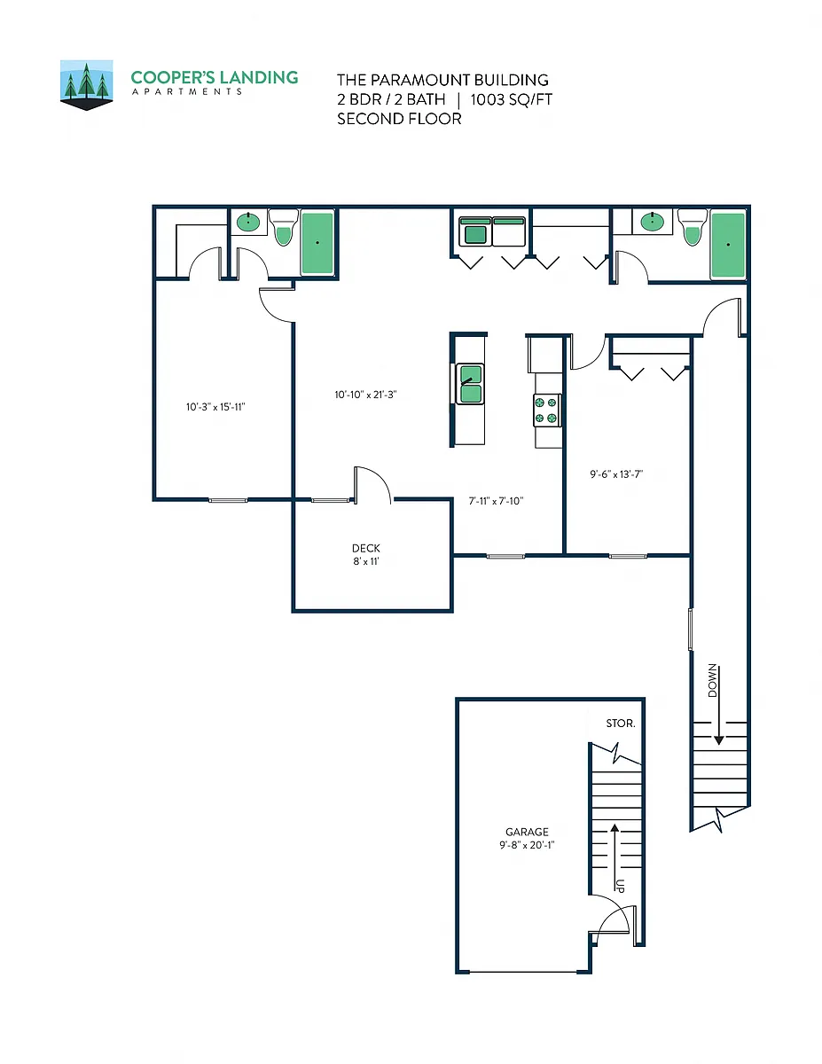Floor plan 2 Bed, 2 Bath - 1003 sq ft