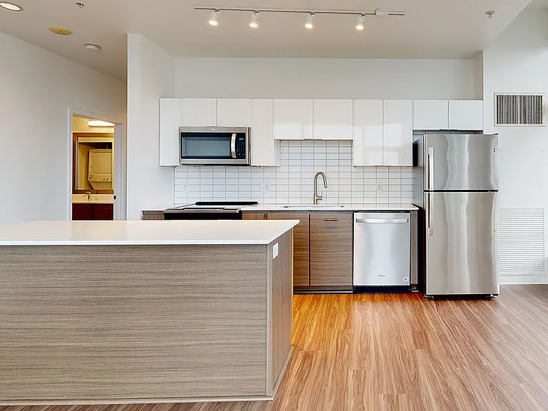 Apartment kitchen with stainless steel appliances, quartz countertops and wood-style flooring.