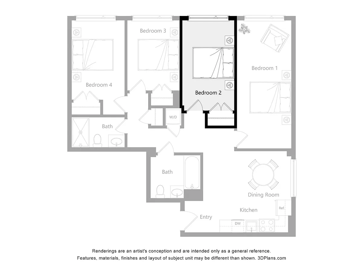 Floor plan Furnished Room in a 4 Bedroom 2 Bathroom (O3)