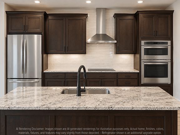Modern kitchen featuring a marble-topped island with a sink, dark cabinets, stainless steel applianc