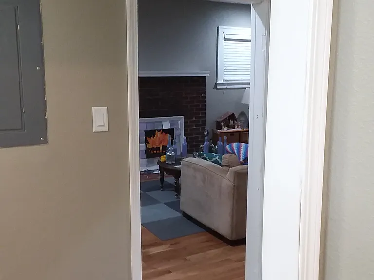 Looking into living room from bathroom